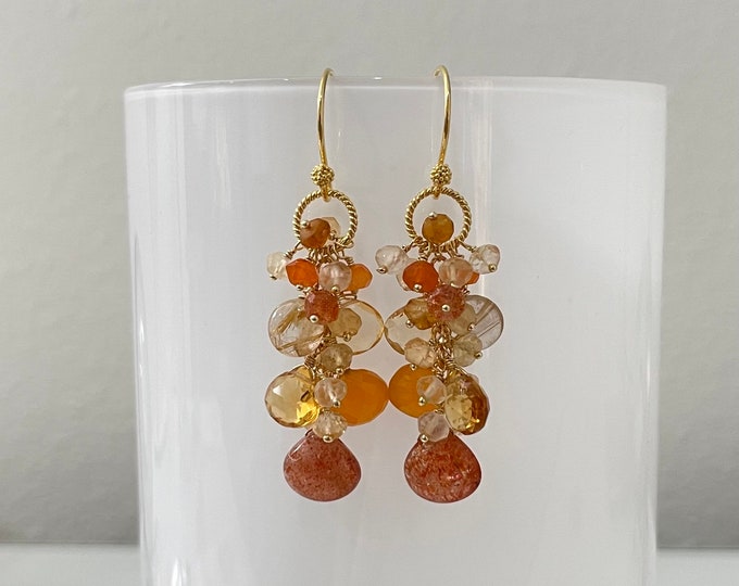 Semiprecious Gemstone Cluster Earrings in Gold and African Sunstone, Orange Carnelian, Citrine, Rutilated Quartz