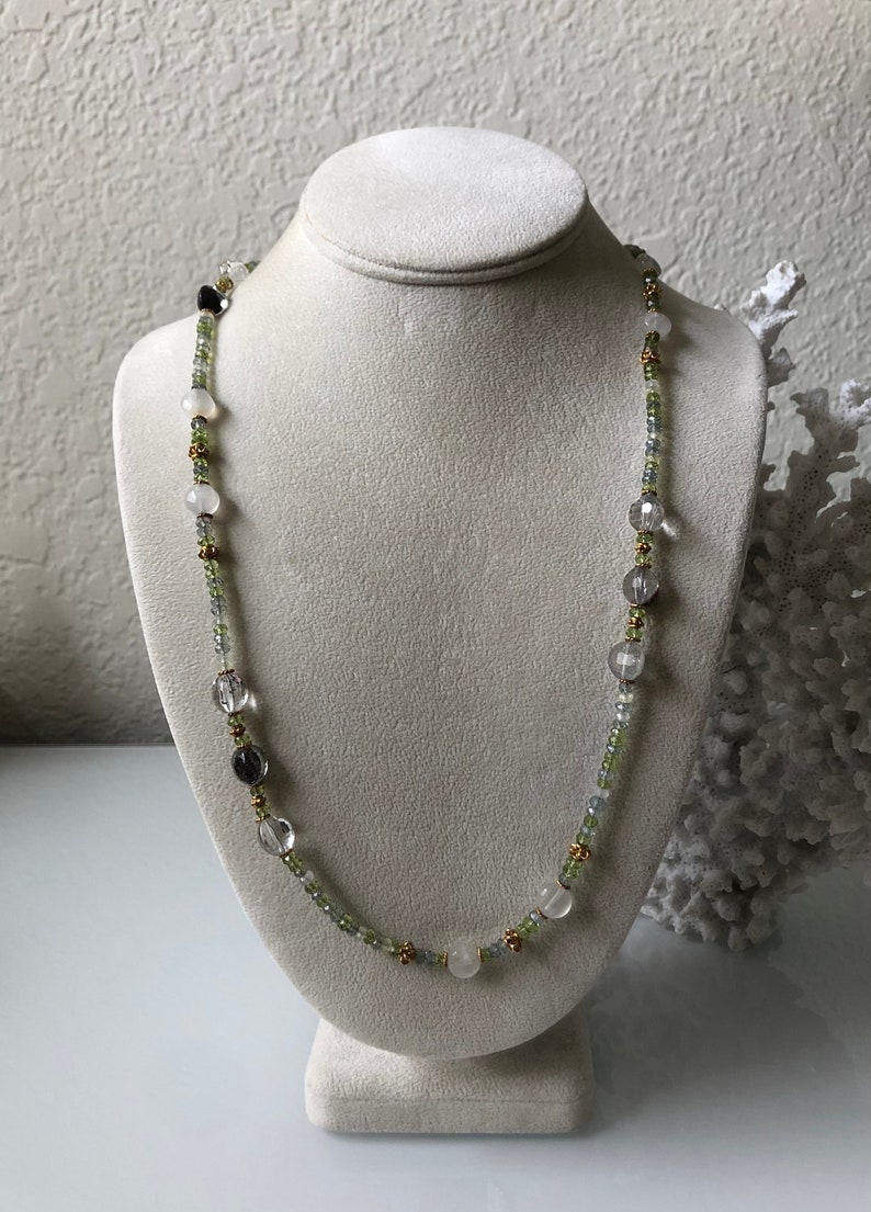 Prehnite Peridot Rainbow Moonstone Green Amethyst Long Semiprecious Green Beaded Gemstone Necklace in Gold Vermeil with Phantom Quartz
