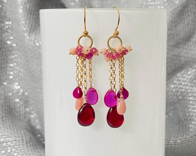 Red and Pink Sapphire RainCloud Earrings: Gold Vermeil, Pink Peruvian Opal