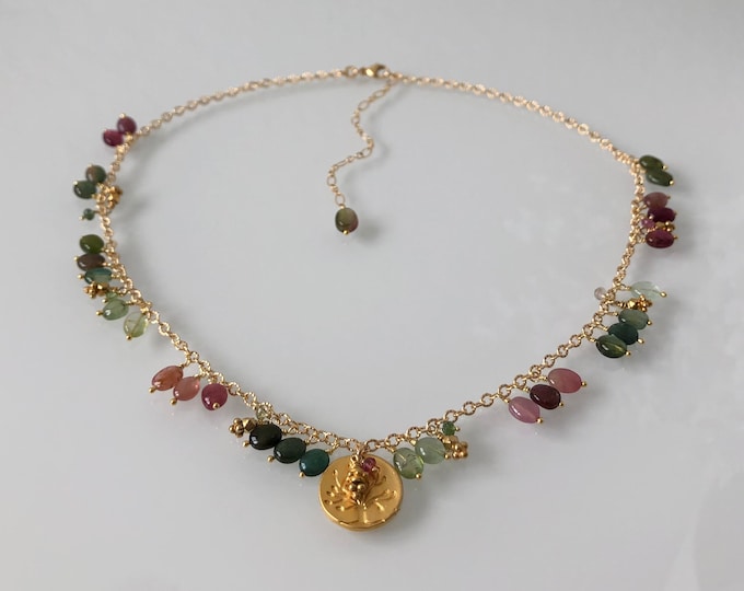 Tourmaline Gemstone Charm Necklace in Gold Vermeil with Pink and Green Tourmaline