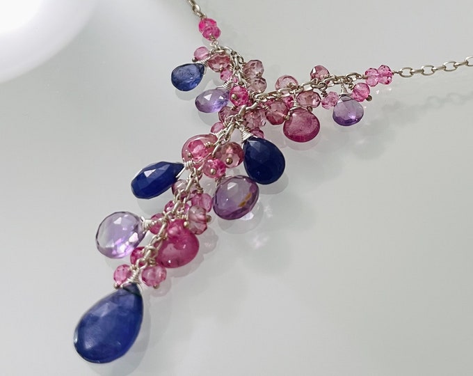 Gemstone Y-Necklace in Sterling Silver and Tanzanite, Pink Sapphire, Amethyst, Mystic Pink Topaz, Mystic Pink Quartz