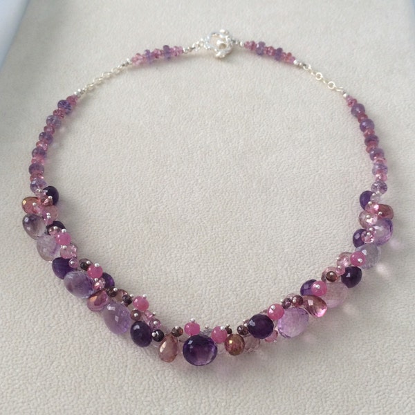 Beaded Gemstone Necklace in Sterling Silver, Moss Amethyst, Mystic Pink Topaz, Mystic Pink Quartz, Amethyst, Pink Sapphire, Spinel