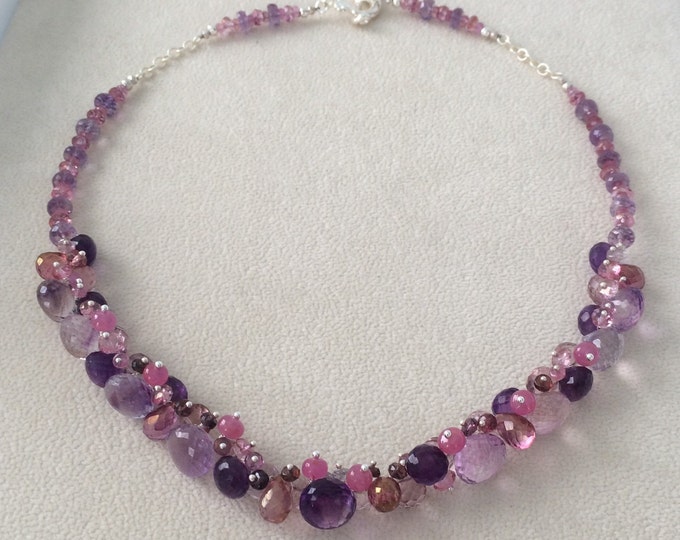 Beaded Gemstone Necklace in Sterling Silver, Moss Amethyst, Mystic Pink Topaz, Mystic Pink Quartz, Amethyst, Pink Sapphire, Spinel