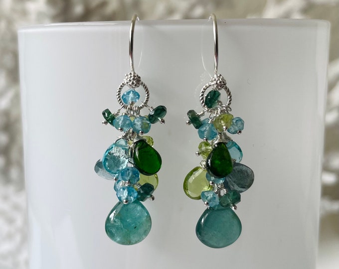 Mixed Green Gemstone Earrings in Sterling Silver and Emerald, Moss Aquamarine, Peridot, Chrome Diopside, Mystic Swiss Blue Topaz, Apatite