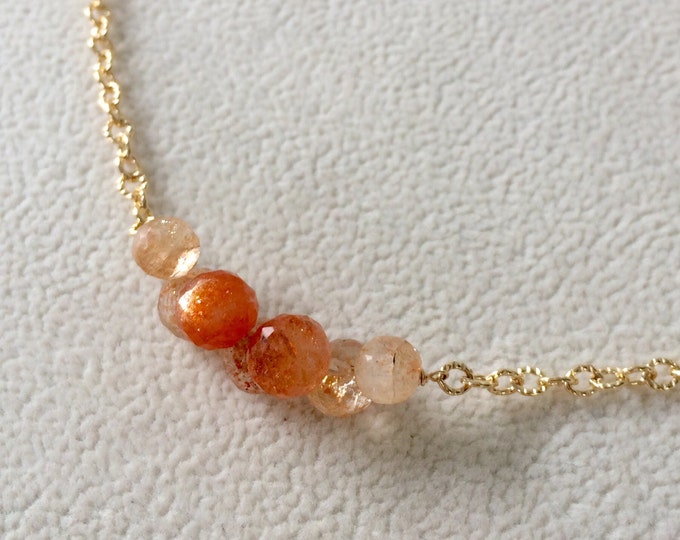 Semiprecious Orange Sunstone Bead Bar Choker Necklace in Gold Fill Chain