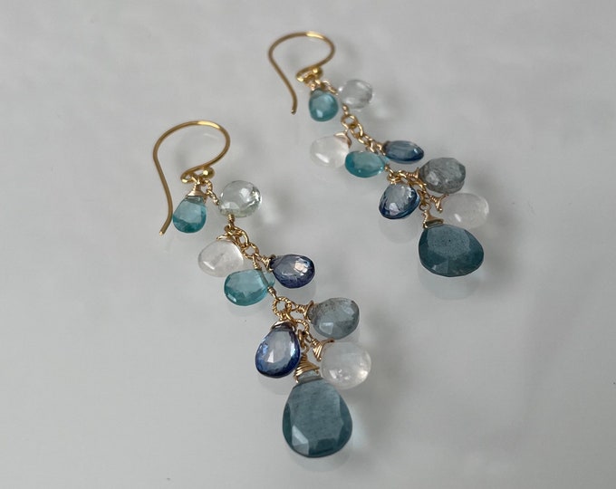 Moss Aquamarine Gemstone Long Earrings in Gold and Rainbow Moonstone, Mystic London Blue Topaz, Sky Blue Topaz and Apatite