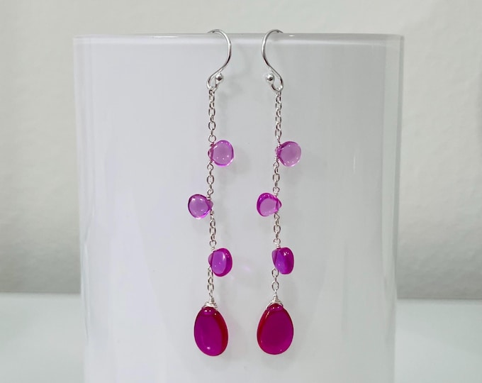 Pink Red Sapphire Gemstone Line Earrings in Sterling Silver