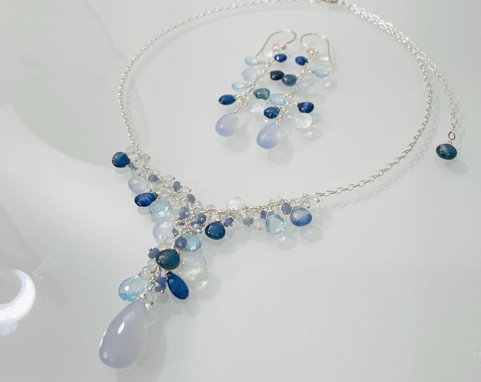 Bridal Y-Necklace Earrings Set in Silver with Natural Chalcedony, Blue Sapphire, Sky Blue Topaz and Rainbow Moonstone