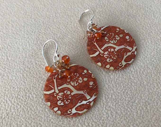 Orange Mother of Pearl Gemstone Earrings in Silver with Padparadscha Sapphire and Orange Carnelian Cherry Blossom Pattern