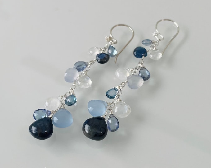 Blue Gemstone Earrings in Silver with Sapphire, Tanzanite, Chalcedony, Mystic London Blue Topaz, Rainbow Moonstone // Twilight