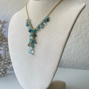 Semiprecious Gemstone Pendant Y-Necklace in Gold, Sky Blue Topaz, Labradorite, Moss Aquamarine, Mystic London Blue Topaz, Apatite image 5