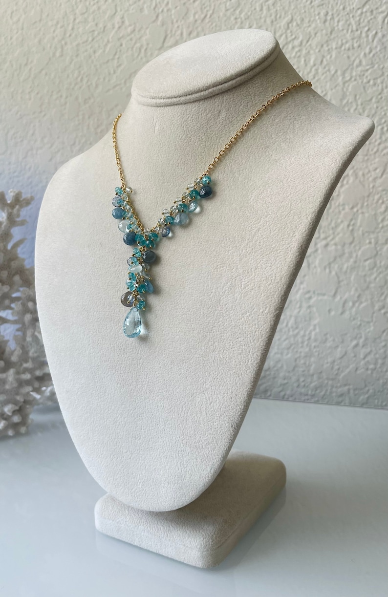 Semiprecious Gemstone Pendant Y-Necklace in Gold, Sky Blue Topaz, Labradorite, Moss Aquamarine, Mystic London Blue Topaz, Apatite image 5