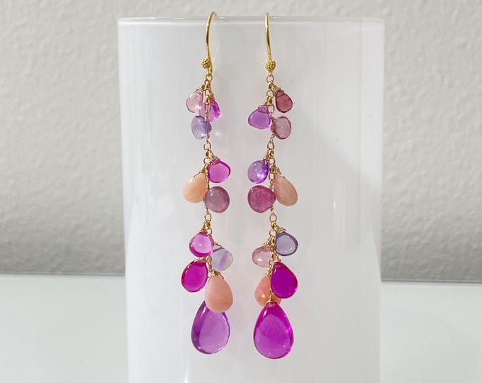 Pink Red Purple Sapphire Mismatched Long Earrings in Gold Pink Peruvian Opal, Pink Amethyst, Mystic Pink Topaz and Rubellite Tourmaline