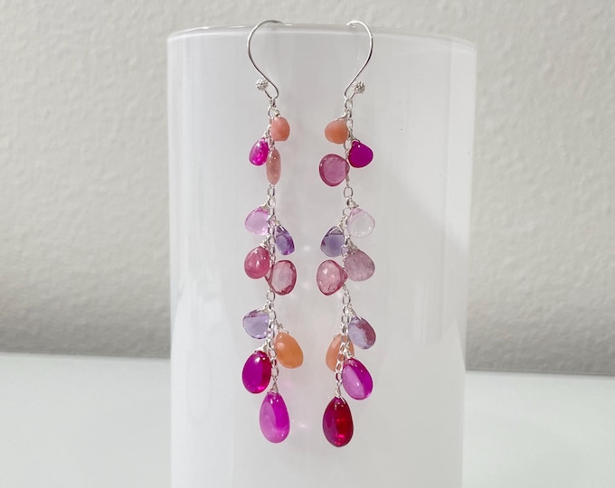 Pink Red Sapphire Mismatched Signature Gemstone Earrings in Silver, Pink Peruvian Opal, Pink Amethyst and Mystic Pink Topaz