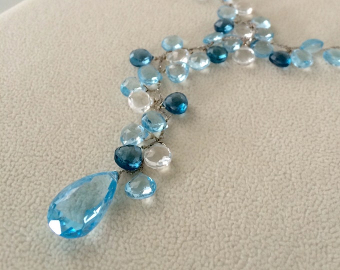 Gemstone Lariat Necklace in 14k White Gold, Sky Blue Topaz, London Blue Topaz, Rock Crystal - Adjustable Length Necklace