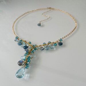 Semiprecious Gemstone Pendant Y-Necklace in Gold, Sky Blue Topaz, Labradorite, Moss Aquamarine, Mystic London Blue Topaz, Apatite image 3