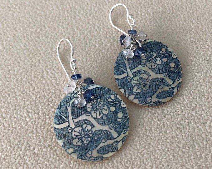 Blue Mother of Pearl Gemstone Earrings in Silver with Kyanite and Rainbow Moonstone Cherry Blossom Pattern