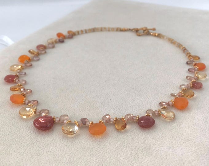 Semiprecious Gemstone Beaded Necklace in Gold Vermeil with Yellow and Golden Citrine, Sunstone, Orange Carnelian, Natural Zircon