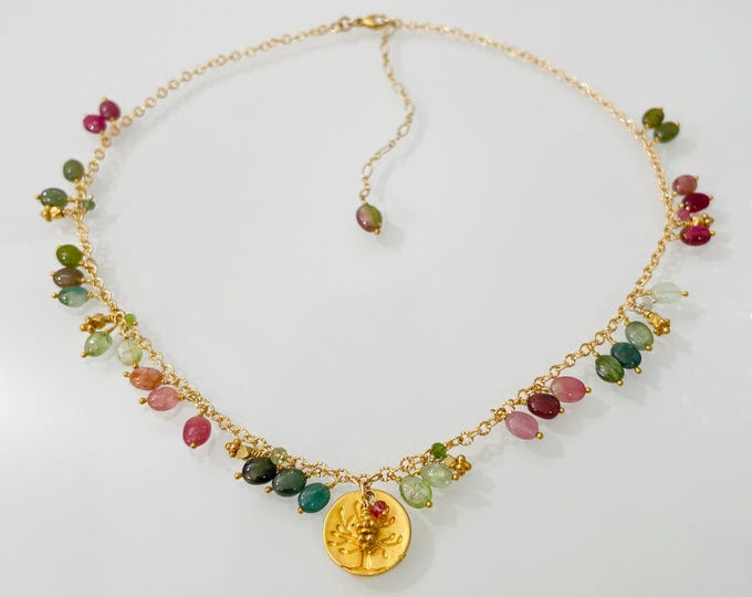 Tourmaline Gemstone Charm Necklace in Gold Vermeil with Pink and Green Tourmaline
