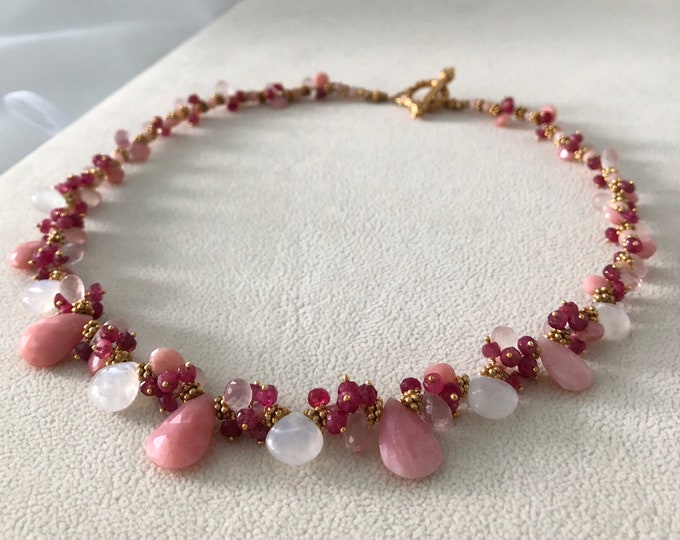 Semiprecious Gemstone Beaded Necklace in Gold Vermeil with Pink Opal, Rainbow Moonstone, Rose Quartz and Red Spinel