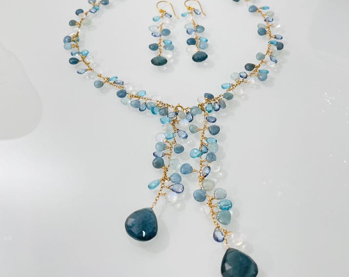 Blue Gemstone Signature Lariat Necklace in Gold-fill and Moss Aquamarine, Mystic Tanzanite Blue Topaz, Rainbow Moonstone and Apatite