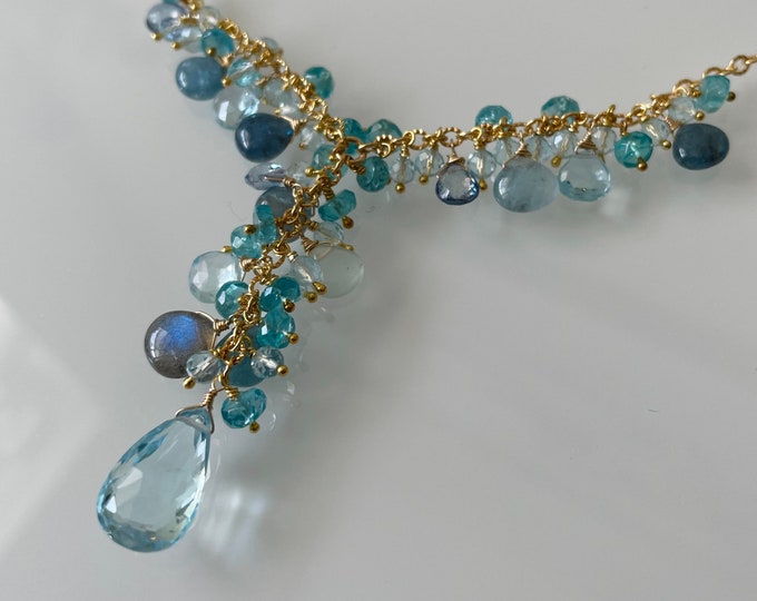 Semiprecious Gemstone Pendant Y-Necklace in Gold, Sky Blue Topaz, Labradorite, Moss Aquamarine, Mystic London Blue Topaz, Apatite