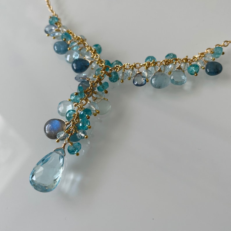 Semiprecious Gemstone Pendant Y-Necklace in Gold, Sky Blue Topaz, Labradorite, Moss Aquamarine, Mystic London Blue Topaz, Apatite image 1