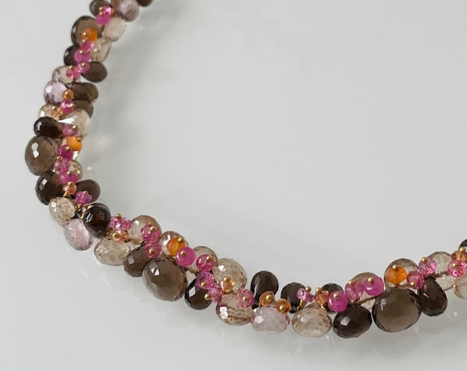 Pink and Orange Padparadscha Sapphire Gemstone Necklace in Gold Vermeil with Smoky Quartz, Mystic Champagne Quartz, Mystic Pink Topaz