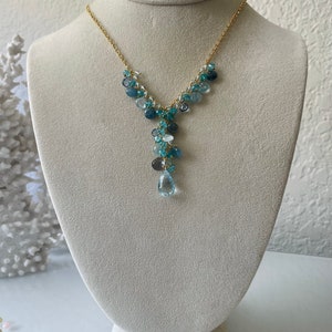 Semiprecious Gemstone Pendant Y-Necklace in Gold, Sky Blue Topaz, Labradorite, Moss Aquamarine, Mystic London Blue Topaz, Apatite image 2