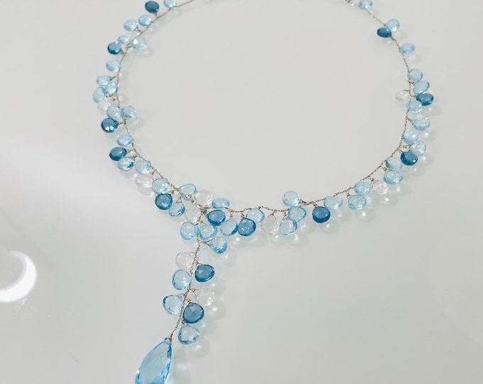 Blue Gemstone Signature Lariat Necklace in 14k White Gold, Sky Blue Topaz, London Blue Topaz, Rock Crystal - Adjustable Length Necklace