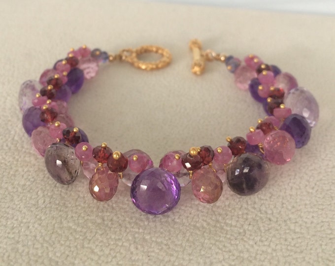 Semiprecious Gemstone Cluster Bracelet in Gold Vermeil with Moss Amethyst, Amethyst, Mystic Pink Quartz, Pink Sapphire, Garnet, Iolite