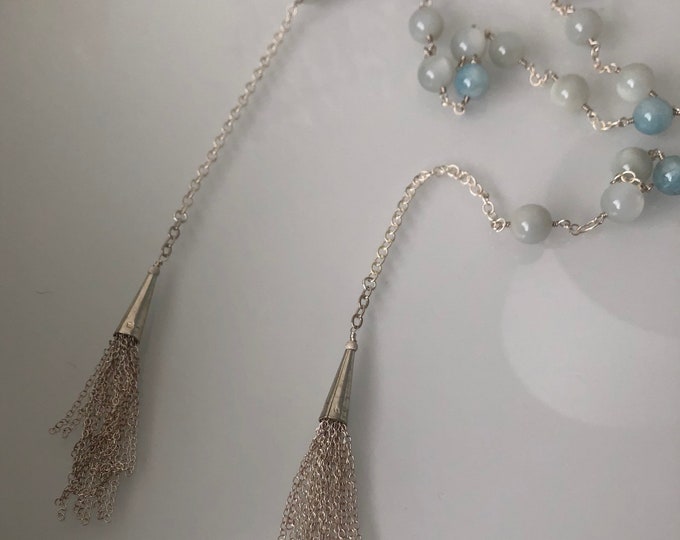 Long Semiprecious Aqua and Grey Gemstone Lariat Tassel Necklace with Aquamarine and Moonstone in Sterling Silver