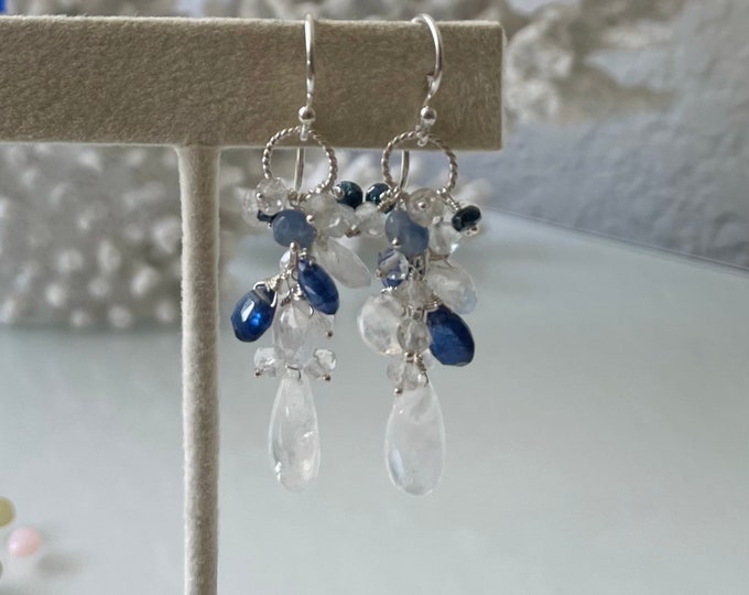 Bridal Blue Earrings in Silver with Rainbow Moonstone, Ceylon Sapphire and Sky Blue Topaz // Bridal Collection