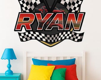 Racing Name Wall Decal for Kids – Personalized Car Theme Nursery Wall Sticker – Custom Name Race Car Bedroom Decor – Boys Room Wall Vinyl