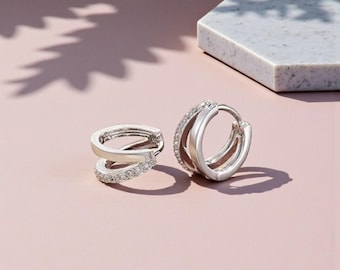 Pendientes de aro doble de plata con circonita cúbica para mujer / Pendientes de aro doble hipoalergénicos / Joyas de 10-15 mm para uso diario