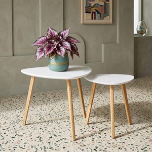 May include: Two white, triangular-shaped side tables with light-colored wooden legs. A teal ceramic pot with a horizontal gold band sits on the larger table, containing a plant with variegated, deep purple and silver-green pointed leaves.