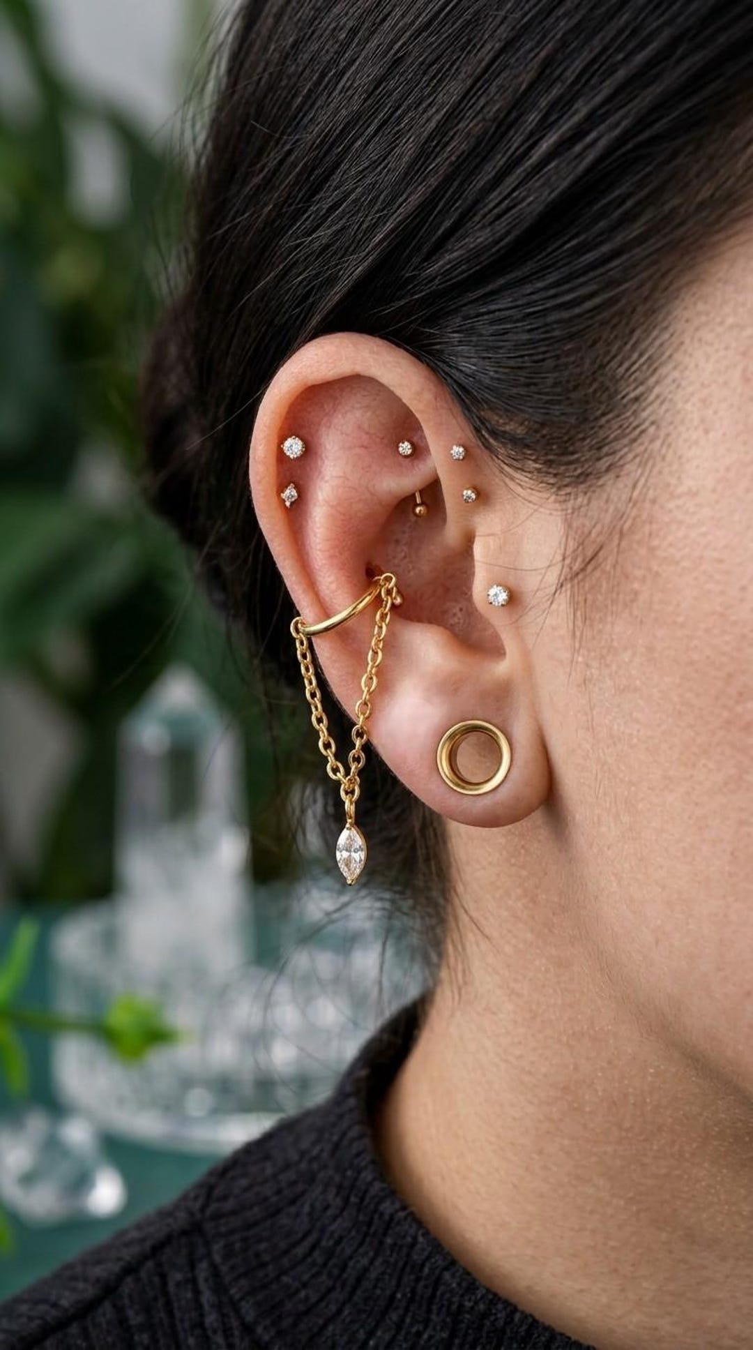 Dangle Rook Earring 16G Titanium Dangle Chain Helix Rook Earring – Gold CZ Hoop Piercing ...