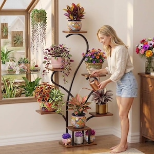 Soporte para plantas de interior de 7 niveles con luces de cultivo / Estante esquinero grande para plantas / Estante de exhibición de macetas de metal y madera para sala de estar y balcón