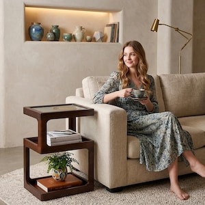 May include: A dark brown wooden side table with a rectangular top, a middle shelf holding stacked books, and a bottom shelf featuring a potted green plant and a book. The table has a distinct open, tiered, geometric frame design.