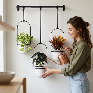 Juego de 3 macetas colgantes para ventana / Macetas colgantes para jardín de hierbas de interior / Soporte ajustable para plantas con varilla de metal para la decoración de ventanas de cocina