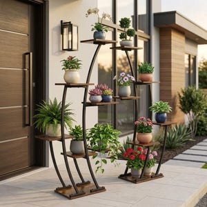 May include: A multi-tiered plant stand featuring a curved black metal frame and dark wood shelves. The stand holds various potted plants, including ferns, succulents, and flowering plants in ceramic pots of different shapes, sizes, and colours.
