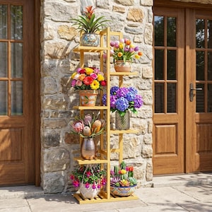 May include: A tall, multi-tiered wooden plant stand with a light brown finish, featuring six shelves holding various potted plants, including colorful tulips, hydrangeas, proteas, and succulents in assorted ceramic and glass containers.