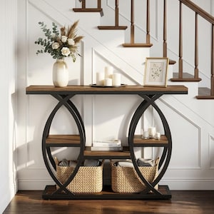Black Wood Entryway Table with Metal Frame 39.4" Narrow Console Table, 4 Tier Sofa Table with Storage Shelves, Industrial Hallway Furniture