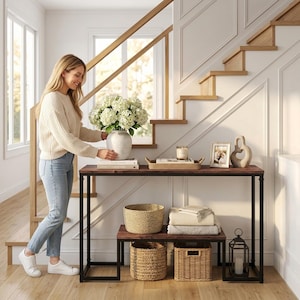 May include: A rectangular console table with a dark wood top and black metal frame. The table features a lower shelf holding two woven baskets, a stack of folded blankets, and a black metal lantern. A white vase with white flowers sits on top.