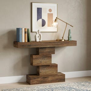 42.5 Inch Farmhouse Console Table, Narrow Wood Sofa Table with Geometric Base, Rustic Entryway Hallway Accent Table Behind Couch,