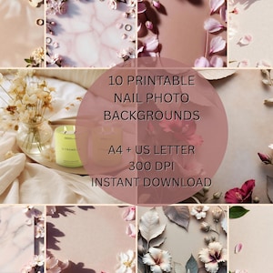 May include: A collection of 10 printable nail photo backgrounds featuring floral and marble patterns. The image includes a candle, flowers, and text that reads "10 PRINTABLE NAIL PHOTO BACKGROUNDS A4 + US LETTER 300 DPI INSTANT DOWNLOAD".