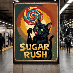 Rustic Black Cat Lollipop Poster: Vintage Candy Theme Wall Art