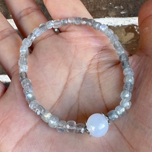 Beautiful Shiny Handmade 4mm Diamond Square Cut Natural Labradorite Bracelet with Stainless-Steel Clasped Angel Blue Chalcedony Top Bead