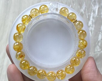 Beautiful Handmade Shiny 9mm Golden Topaz Bracelet/Gemstone Bracelet with Clear Quartz Top Bead For Wrist Size 16cm-16.8cm (6.3-6.6 inches)