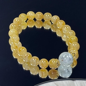 Beautiful Handmade Shiny 8mm Natural Golden Yellow Topaz with Cute Clear Topaz Top Bead Gemstone Bracelet